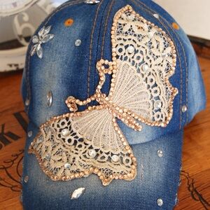 Embellished Denim Cap with Butterfly Design